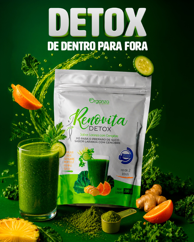 Renovita Detox em Pó 200g (Organza) – Sabor Laranja com Gengibre, Desincha e Seca Barriga