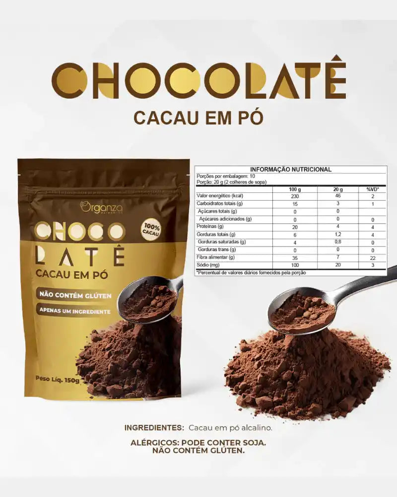 Cacau em Pó 100% Puro 150g (Organza) – Antioxidante, Bom Humor e Culinária Fit (Vitadrop)