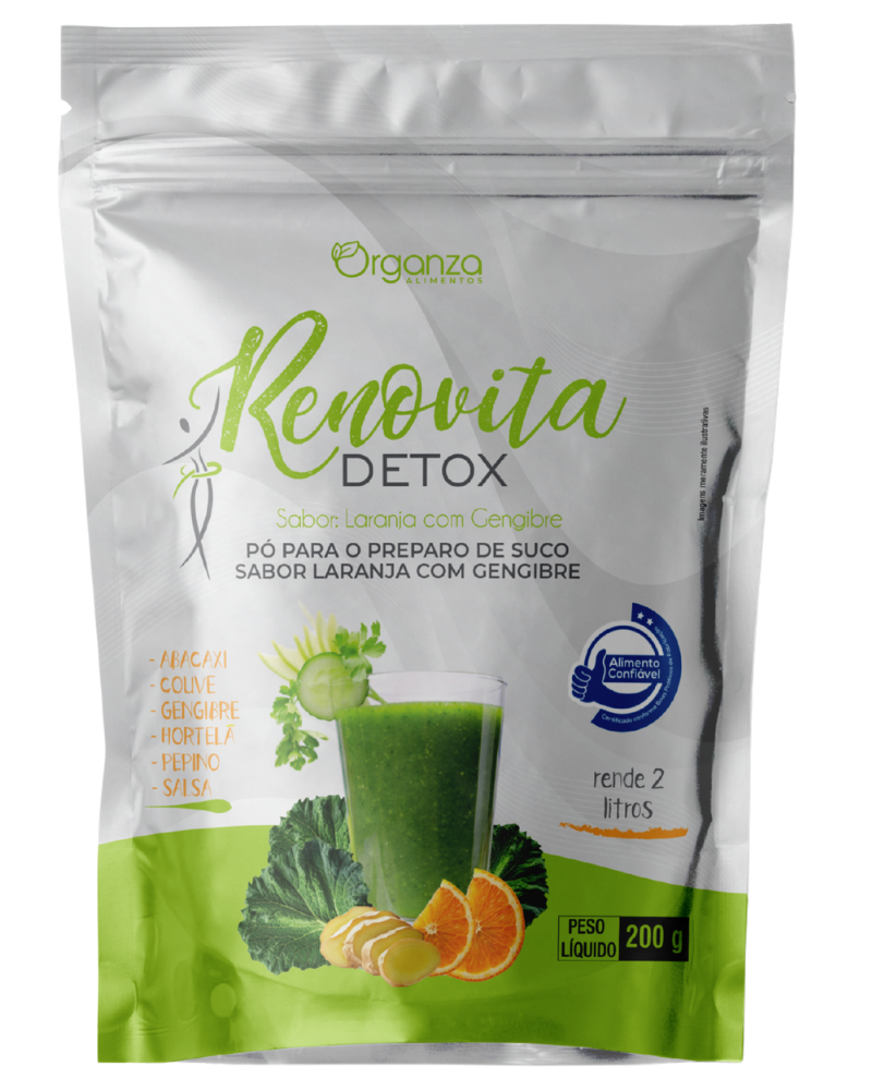 Renovita Detox em Pó 200g (Organza) – Sabor Laranja com Gengibre, Desincha e Seca Barriga