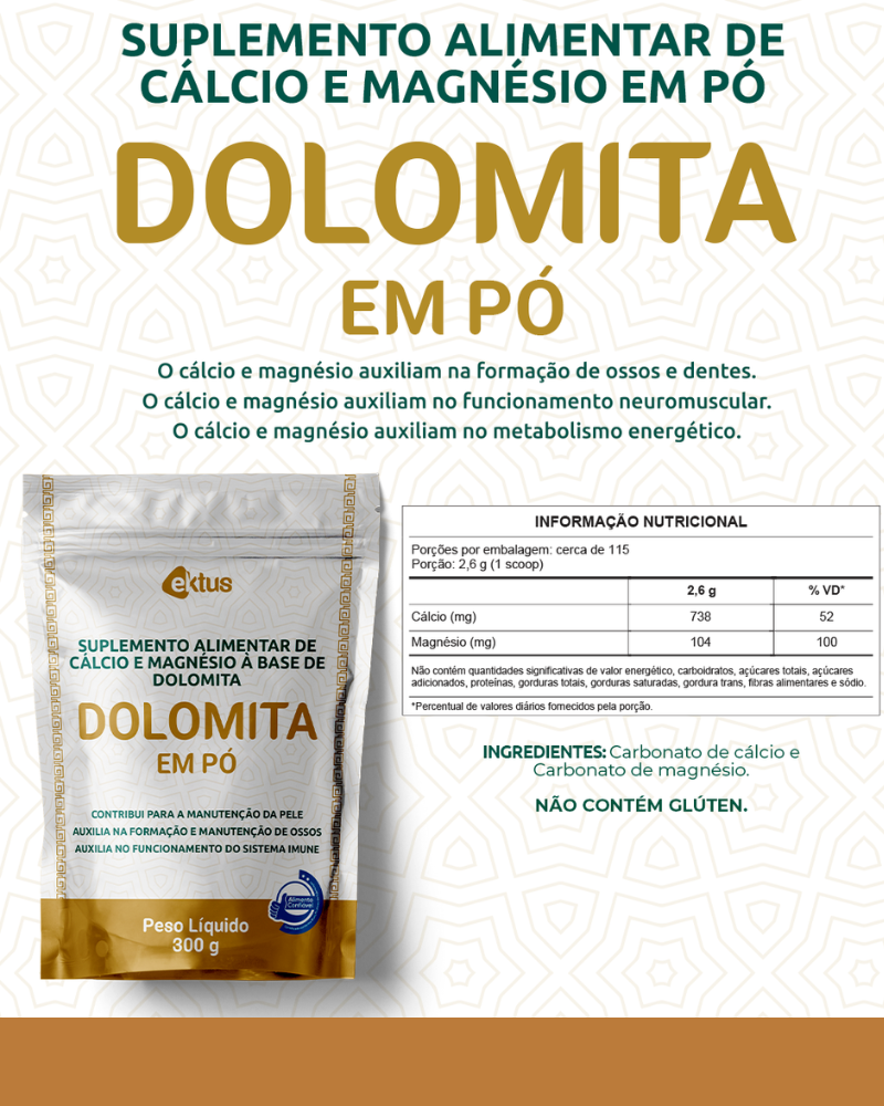 Suplemento de Dolomita em Pó 300g (Ektus) – Ossos Fortes, Imunidade e Máscara de Porcelana