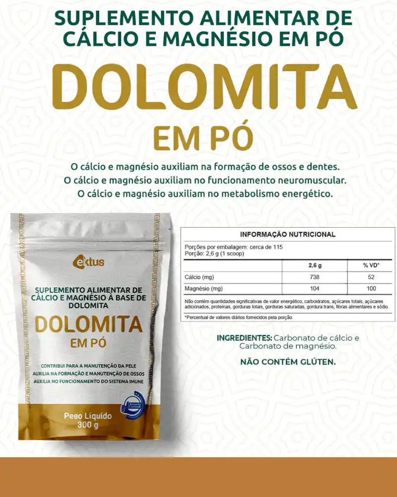 Suplemento de Dolomita em Pó 300g (Ektus) – Ossos Fortes, Imunidade e Máscara de Porcelana