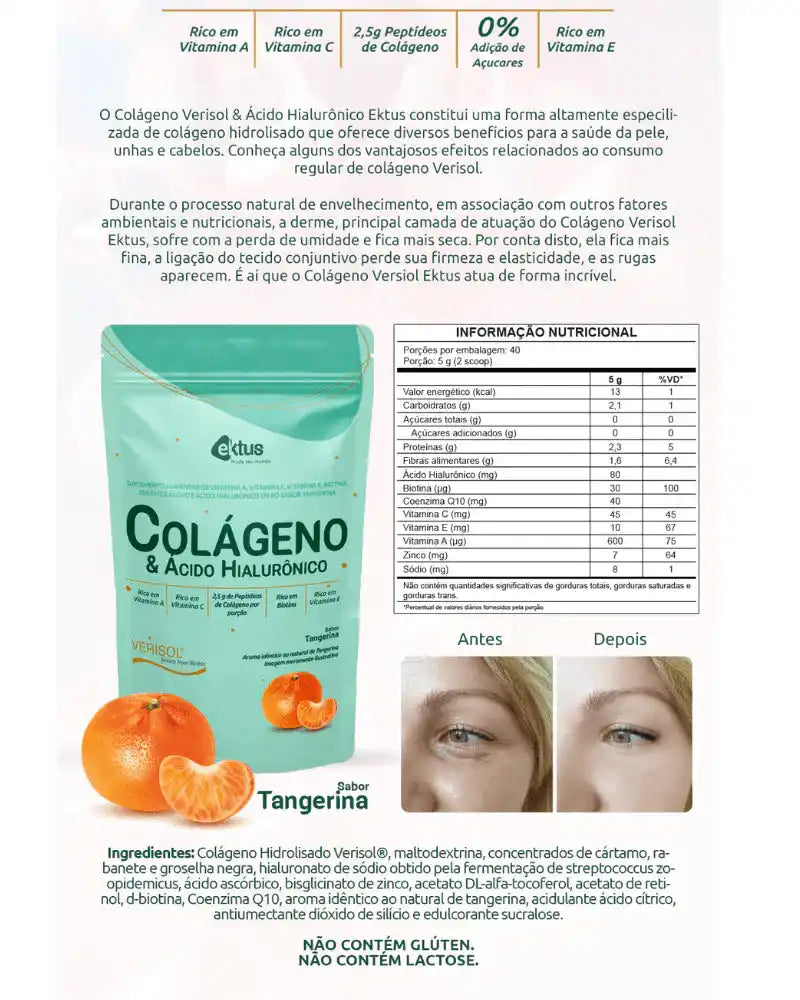 Colágeno Verisol® & Ácido Hialurônico Tangerina 200g (Ektus) – Cabelos, Unhas e Firmeza da Pele (Vitadrop)