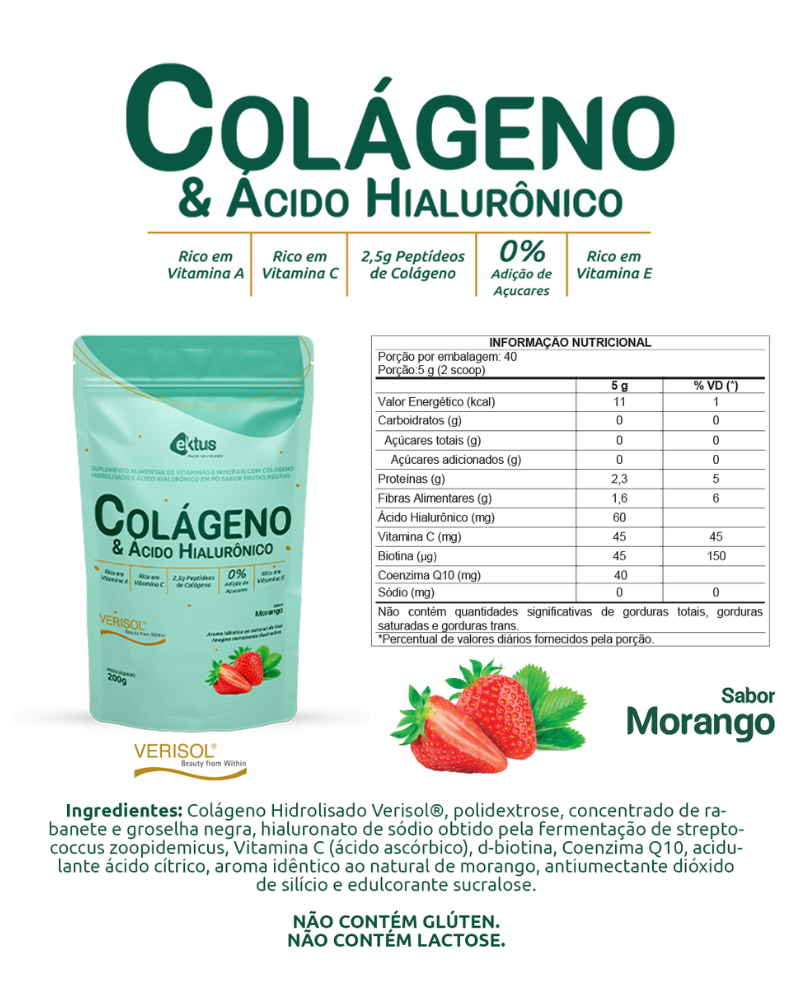 Colágeno Verisol® & Ácido Hialurônico 200g (Ektus) – Firmeza, Antirrugas e Zero Açúcar (Vitadrop)