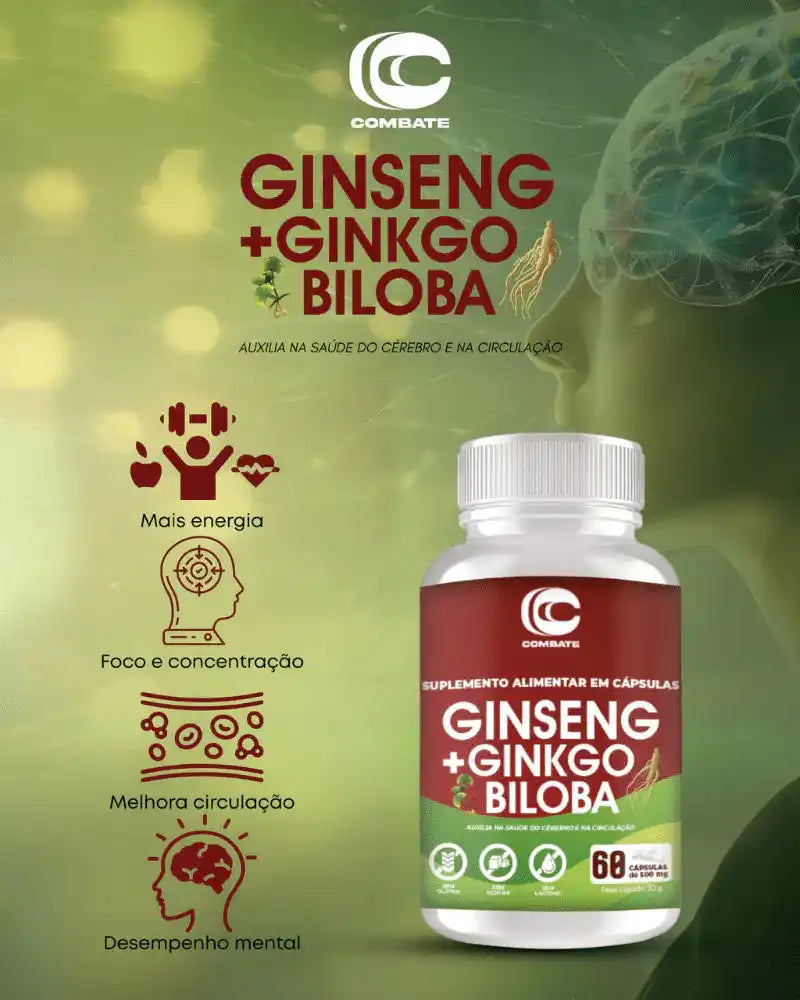 Ginseng + Ginkgo Biloba 60 Cápsulas (Combate) – Memória, Foco, Energia e Circulação (Vitadrop)