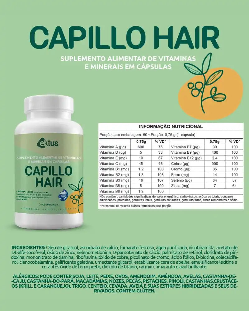 Capillo Hair Ektus 60 Cápsulas – Fortalecimento Capilar, Unhas Saudáveis e Pele Radiante (Ektus)