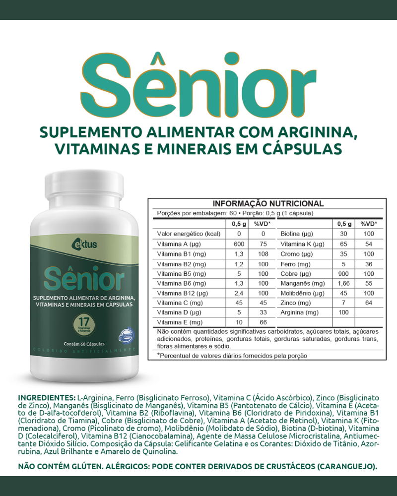 Sênior Ektus 60 Cápsulas – 17 Vitaminas, Minerais e Arginina para Vitalidade e Energia (Ektus)