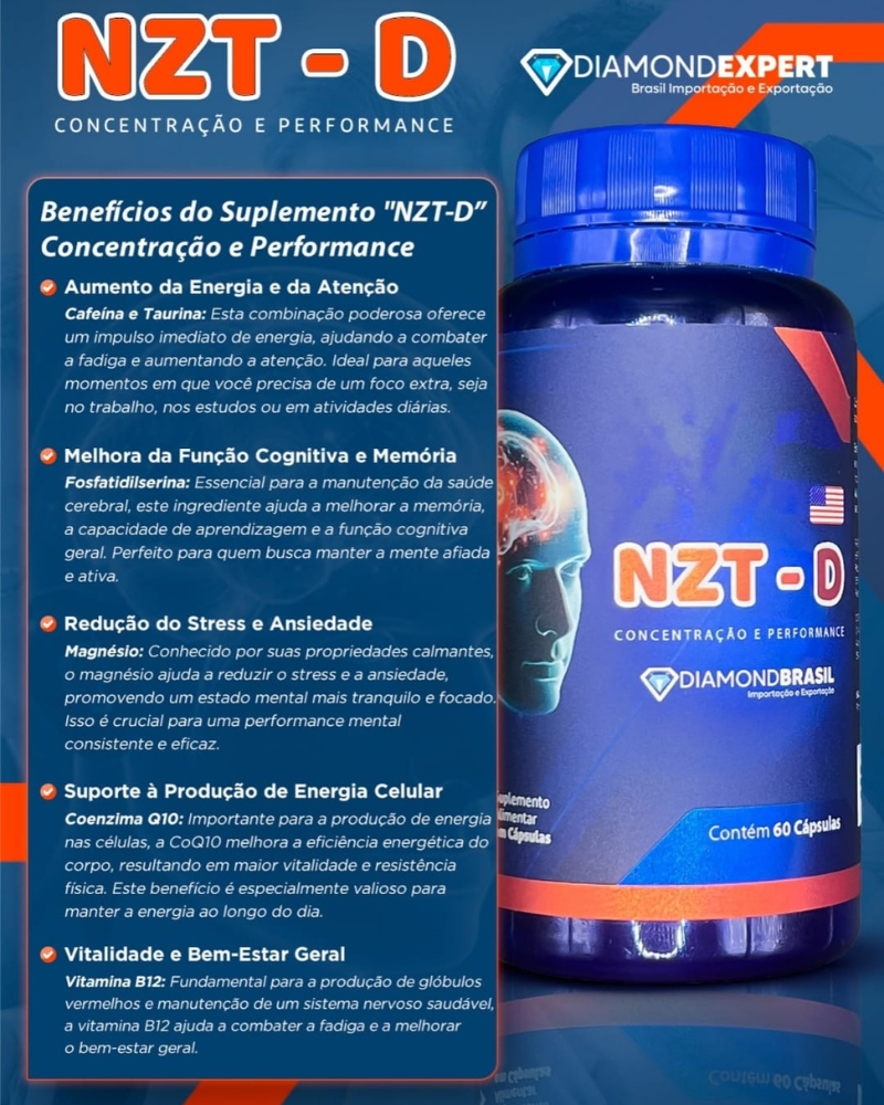 NZT-D Diamond Expert 60 Cápsulas – Nootrópico de Alta Performance para Foco, Memória e Energia Mental